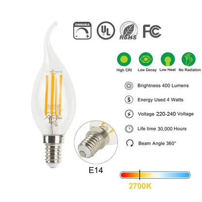Clear dimmable candle bulbs c35 4w dimmable led filament with silver e14 base and 2700k warm white for dining room use