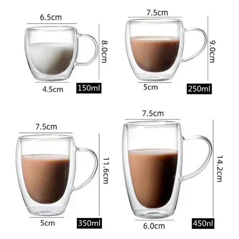 Clear double wall high borosilicate glass mugs in four sizes with handles and labeled capacity for coffee dining use