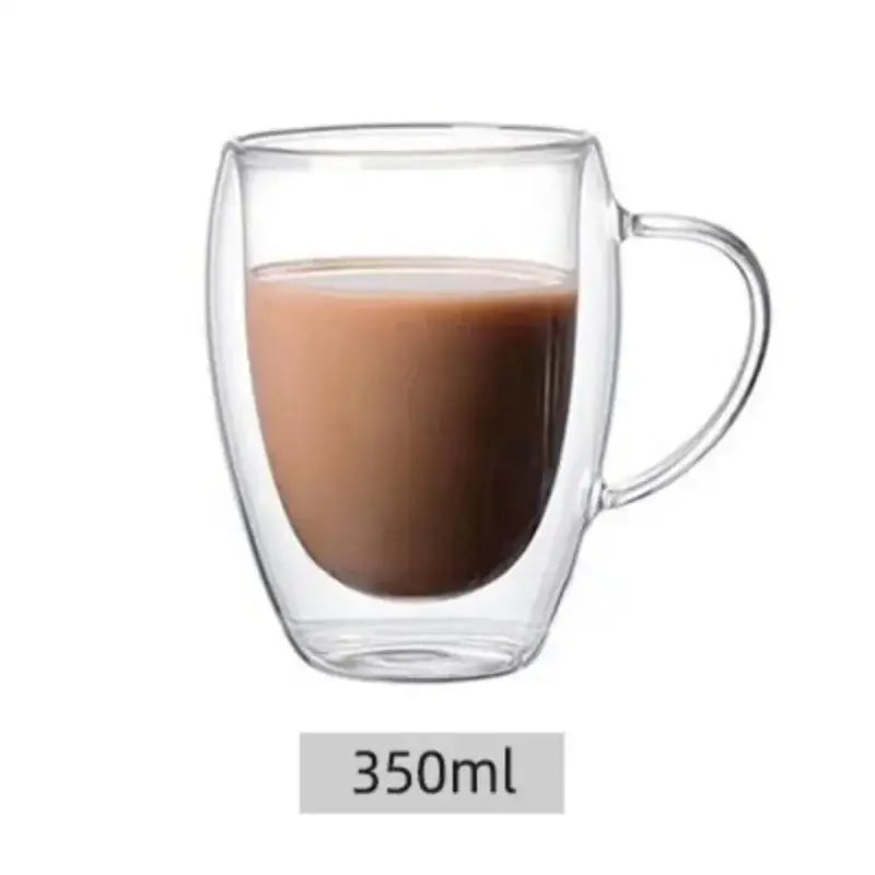 Clear double wall high borosilicate glass mug with handle filled with brown beverage for dining room coffee use