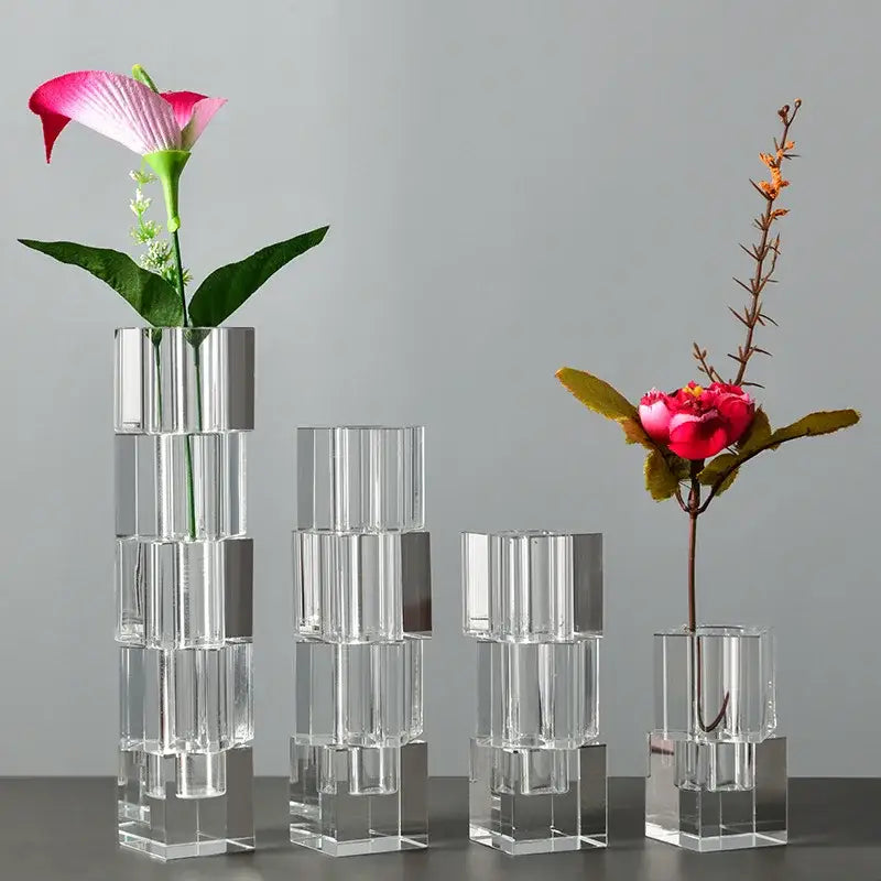 Clear fluted geometric glass vase stack with modern stacked-block design and silver accents for decorbites geometric glass decor