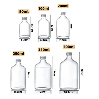 Clear glass beverage bottles with silver caps in various sizes from 50ml to 500ml by decorbites clear glass