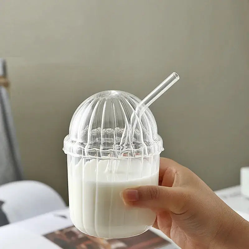 Clear glass bobo cup with ribbed dome lid and matching straw for kitchen milkshake set by decorbites clear glass