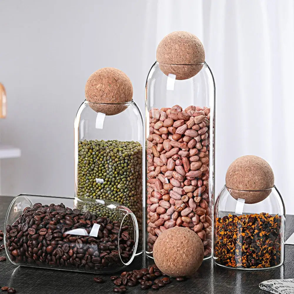 Clear glass bottle dispenser set with cork stoppers featuring decorbites glass bottle storage jars filled with dried goods