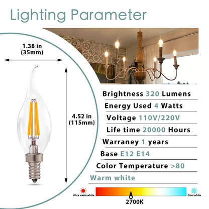 Clear glass candle-style led bulbs with warm white glow and e12 e14 base for decorbites dimmable chandelier use