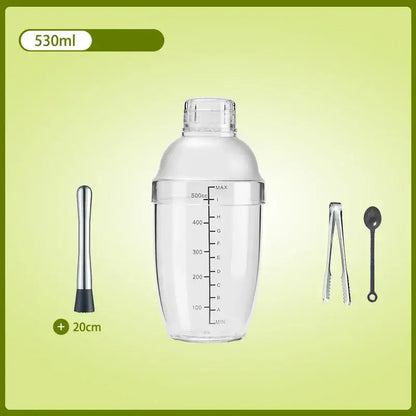 Clear glass cocktail shaker with silver lid 530ml capacity measurement markings with muddler tongs and spoon for beverage mixer
