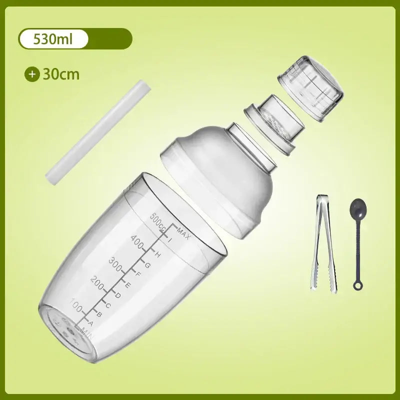 Clear plastic cocktail shaker with measurement markings and silver lid by decorbites for kitchen and barware use