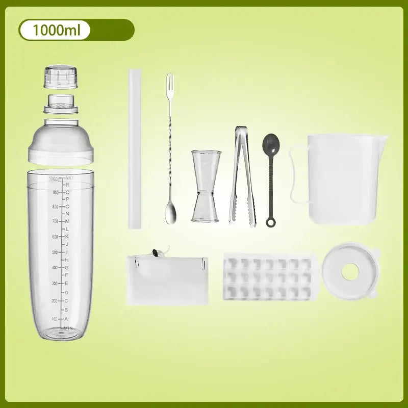 Clear plastic 1000ml decorbites cocktail shaker with measurement markings and transparent lid for kitchen and barware