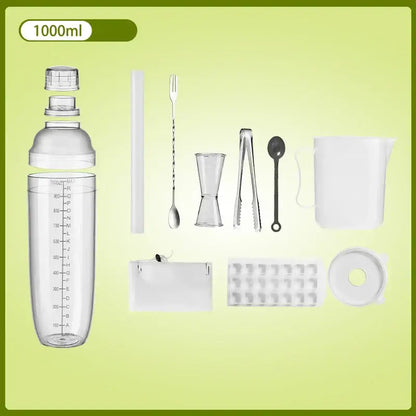 Clear plastic 1000ml decorbites cocktail shaker with measurement markings and transparent lid for kitchen and barware