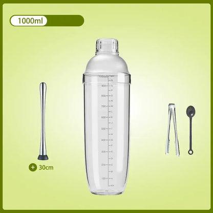 Clear glass decorbites cocktail shaker with silver lid 1000ml capacity measurement markings with muddler tongs spoon