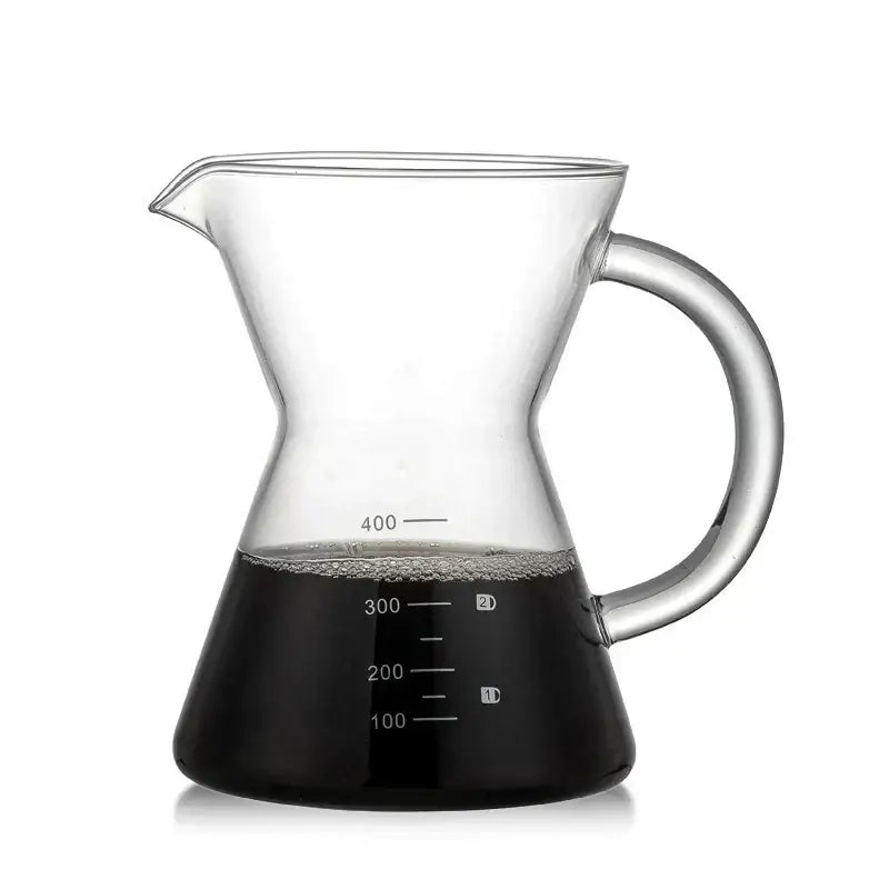 Clear glass coffee pot with stainless steel filter and measurement markings for precise brewing