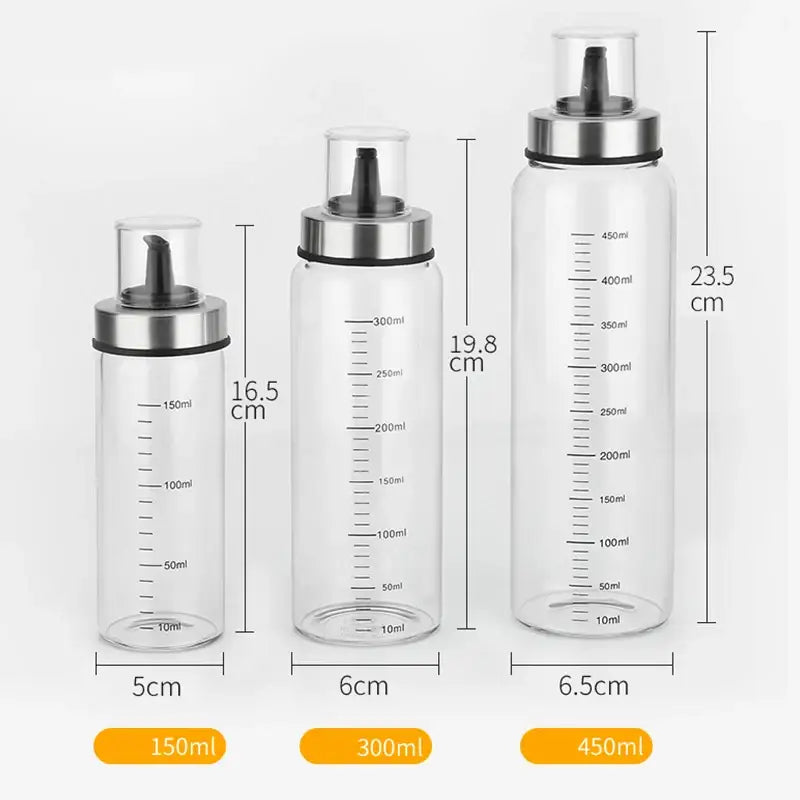Clear glass condiment bottle set with silver spray nozzles and black seals in 150ml 300ml and 450ml capacities