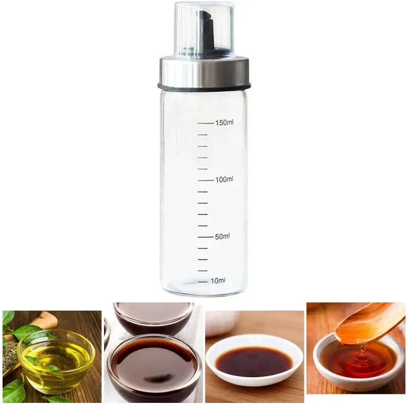 Clear glass condiment bottle with stainless steel pump top and milliliter measurements for kitchen use