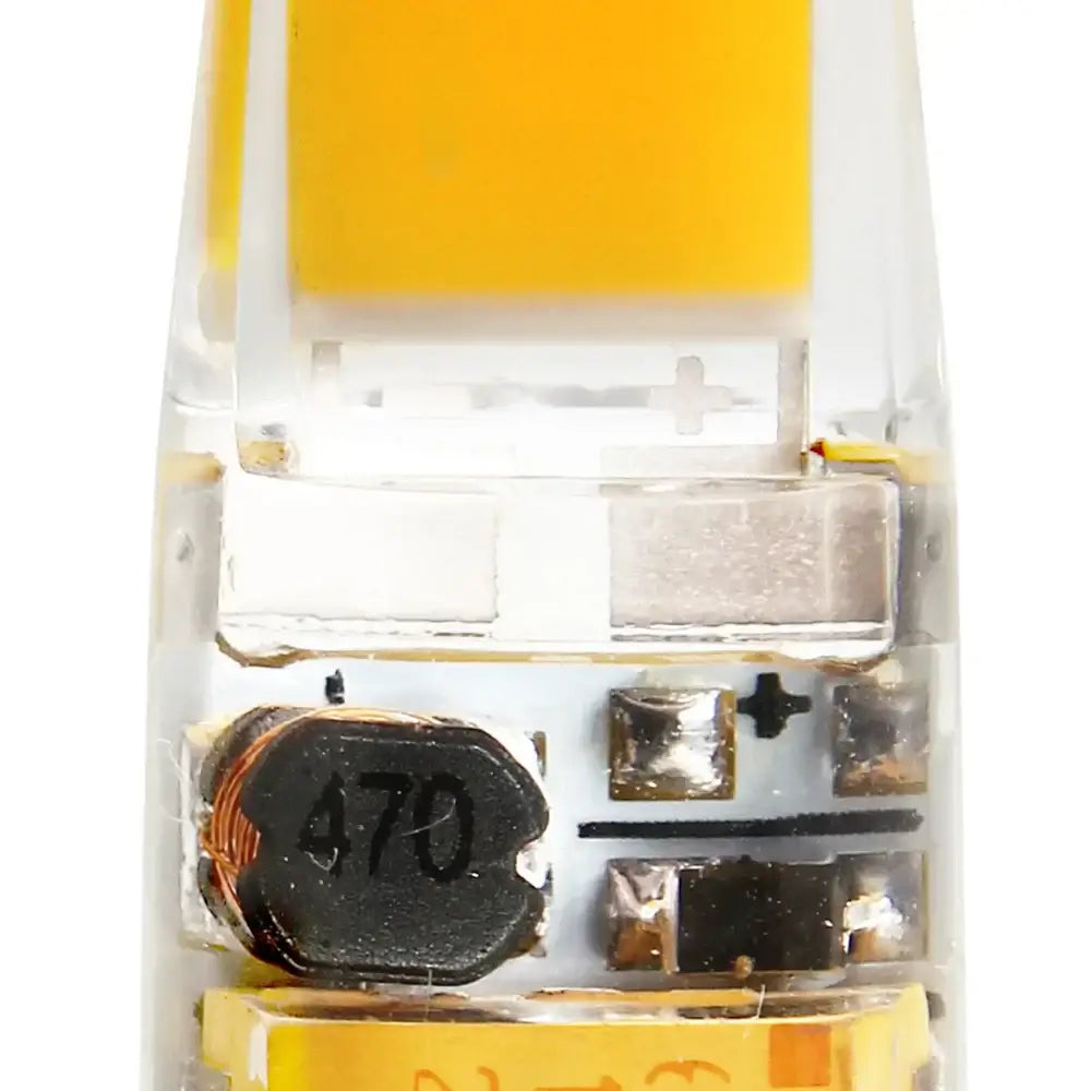 Clear plastic housing with yellow led chip and black 470 inductor inside dimmable g4 12v 12v led bulb for kitchen replacement