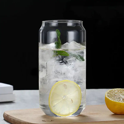 Clear glass drink cup can-shaped tumbler with ice mint lemon and bamboo lid and straw by decorbites glass drink