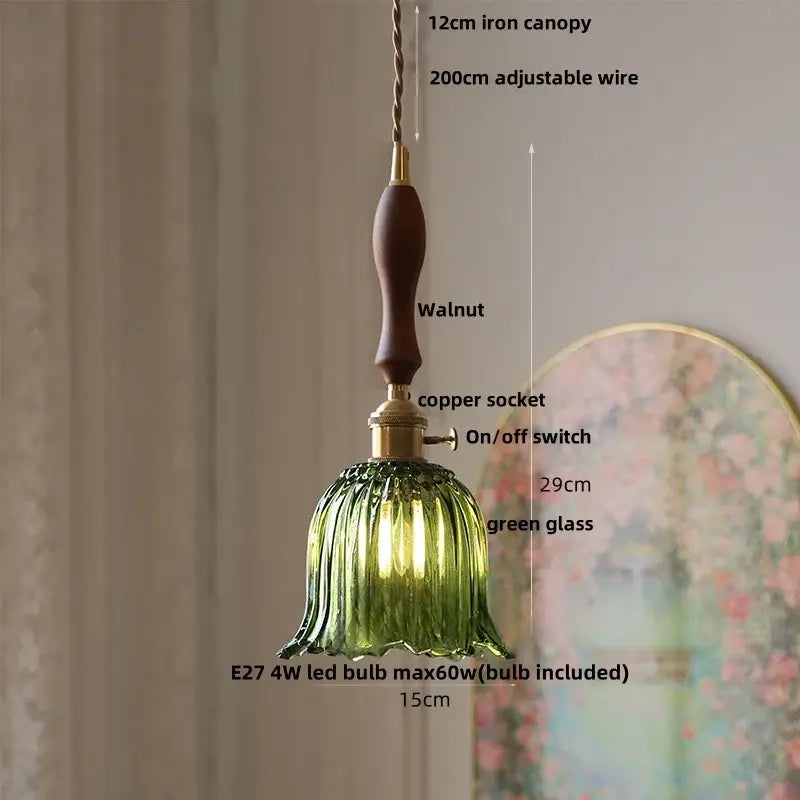 Green glass pendant light with walnut-finished iron canopy and copper socket for decorbites acrylic led pendant