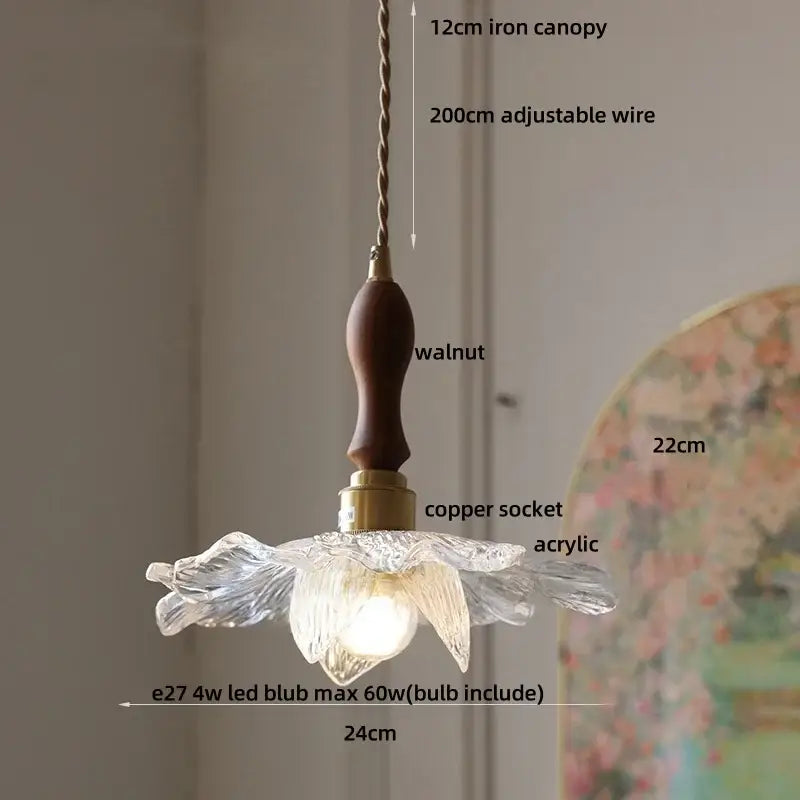 Clear acrylic flower-shaped pendant light with walnut wood handle and brass copper socket for dining room decorbites acrylic led
