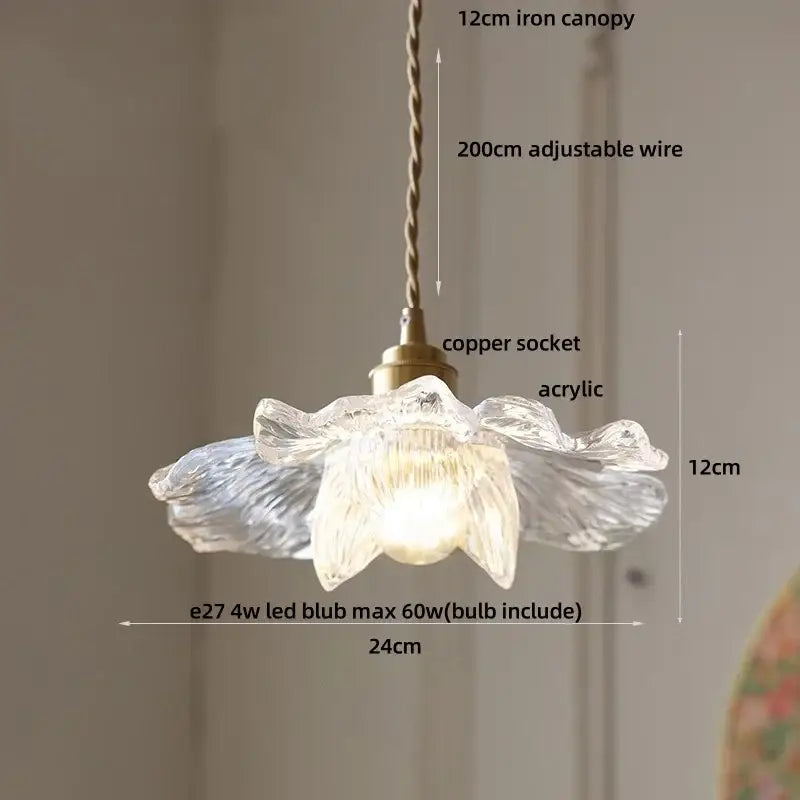 Clear glass flower acrylic led pendant light with brass copper socket and twisted iron canopy for dining room decorbites acrylic led