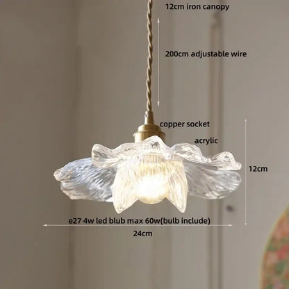 Clear glass flower acrylic led pendant light with brass copper socket and twisted iron canopy for dining room decorbites acrylic led
