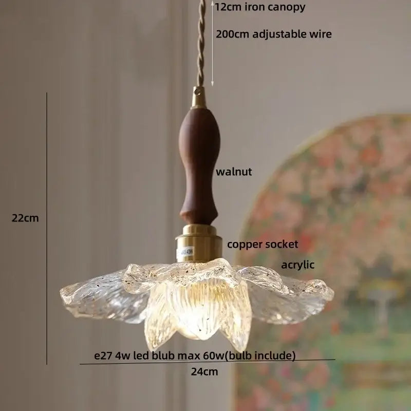 Clear glass flower acrylic led pendant light with warm glow, walnut wood handle, and brass accents for dining room decorbites acrylic led