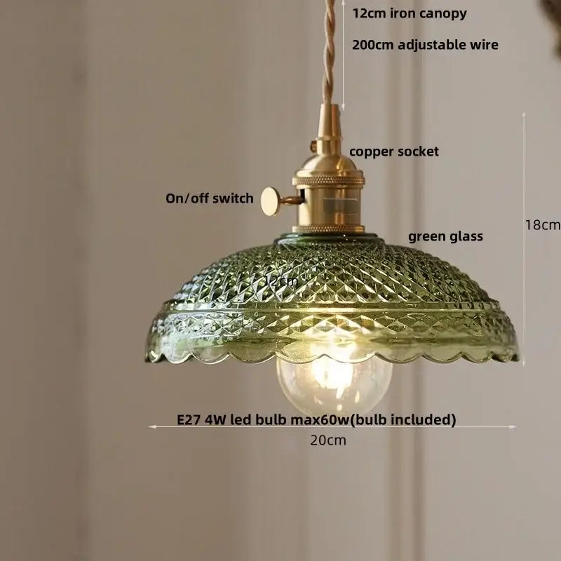 Green glass pendant light with brass-finished iron canopy and copper socket for decorbites acrylic led pendant use