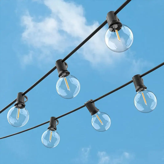 Clear glass globe g40 led string lights with black plastic fixtures for garden decor by decorbites g40 led