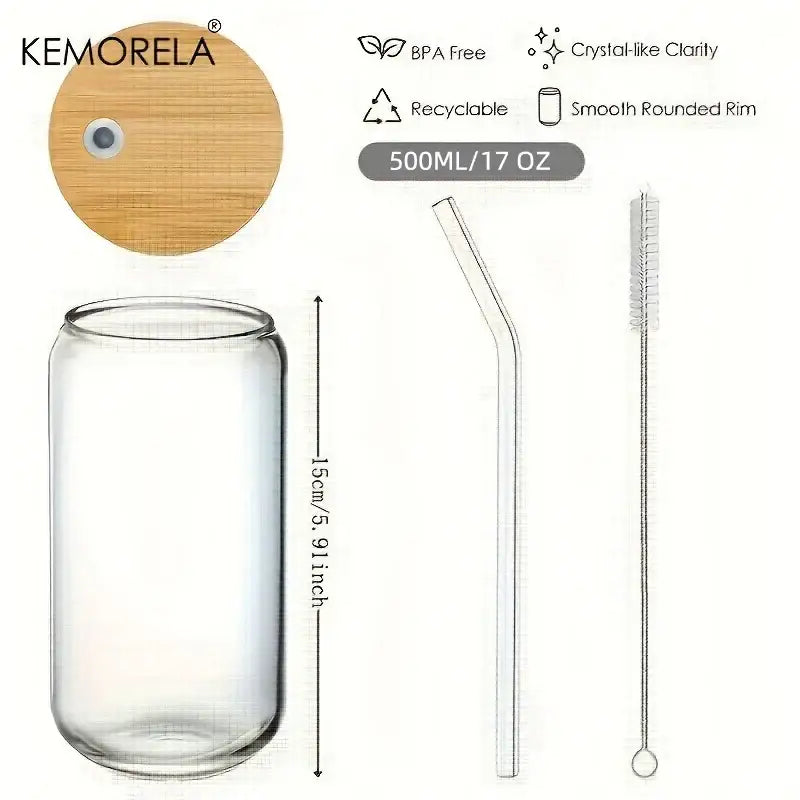 Clear glass tumbler cups with bamboo lid and matching straw reusable drink container kitchen set