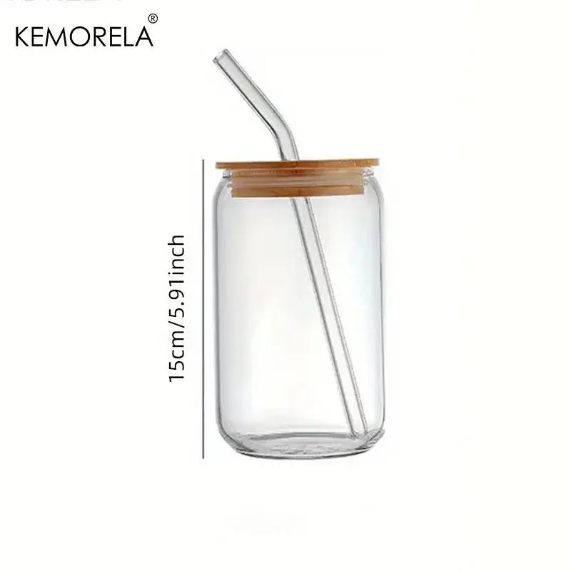 Clear glass tumbler cups with bamboo lid and clear glass straw branded kemorela for kitchen use