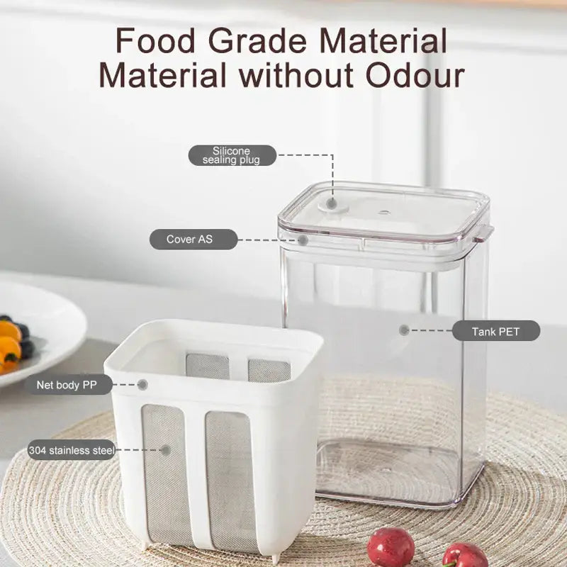 Clear greek yogurt maker with white lid and mesh filter featuring silicone seal and stainless steel components for yogurt maker use