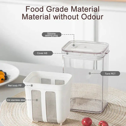 Clear greek yogurt maker with white lid and mesh filter featuring silicone seal and stainless steel components for yogurt maker use