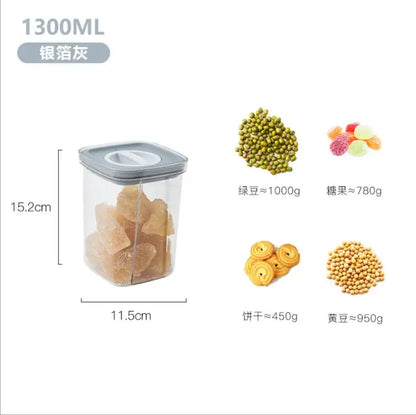 Clear 1300ml decorbites hermetic food storage container with silver-gray lid for kitchen preservation and storage