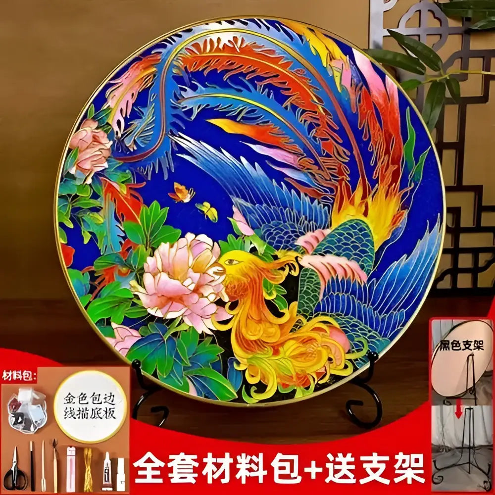 Vibrant cloisonne silk enamel circular plate with colorful phoenix and floral design on deep blue for diy kit decorbites decor