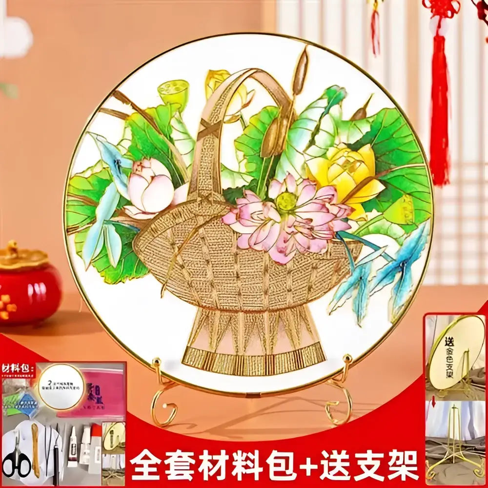 A cloisonne silk enamel decorative ceramic plate with pink lotus flowers blue birds and a gold border diy kit decorbites