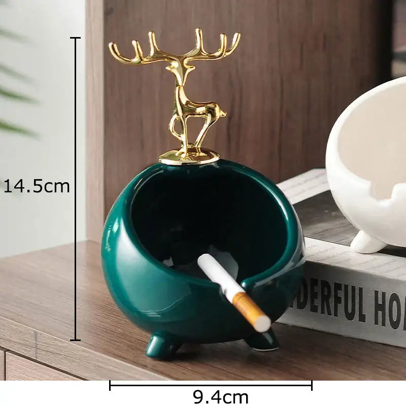 Deep teal ceramic cat paw porcelain ashtray with golden deer figurine and three feet for living room decorbites cat paw gift