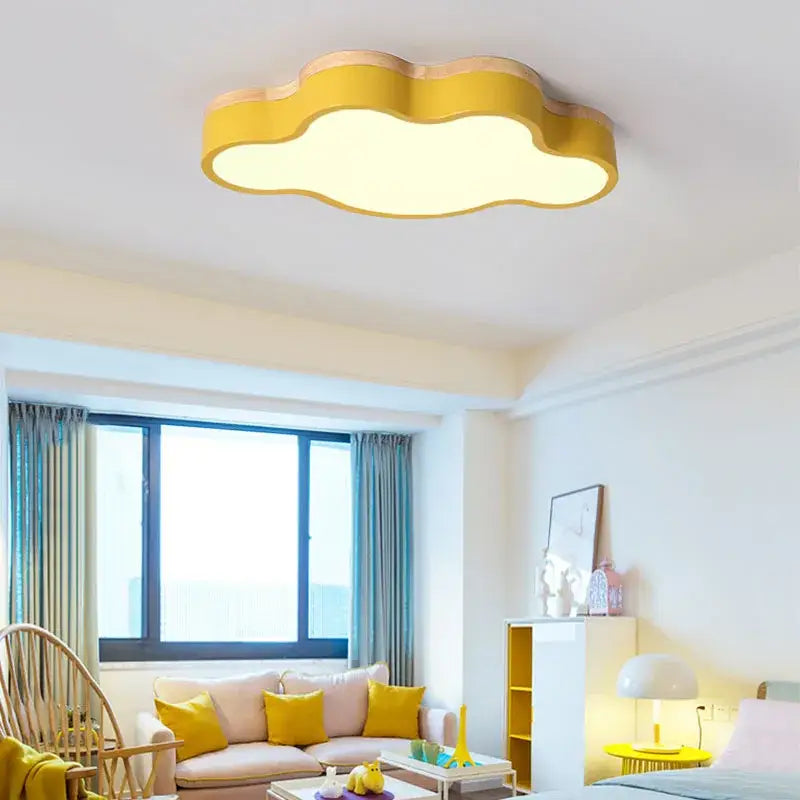 Yellow cloud-shaped decorbites cloud led baby chandelier with warm glow and wooden trim for sage green and pink bedroom decor