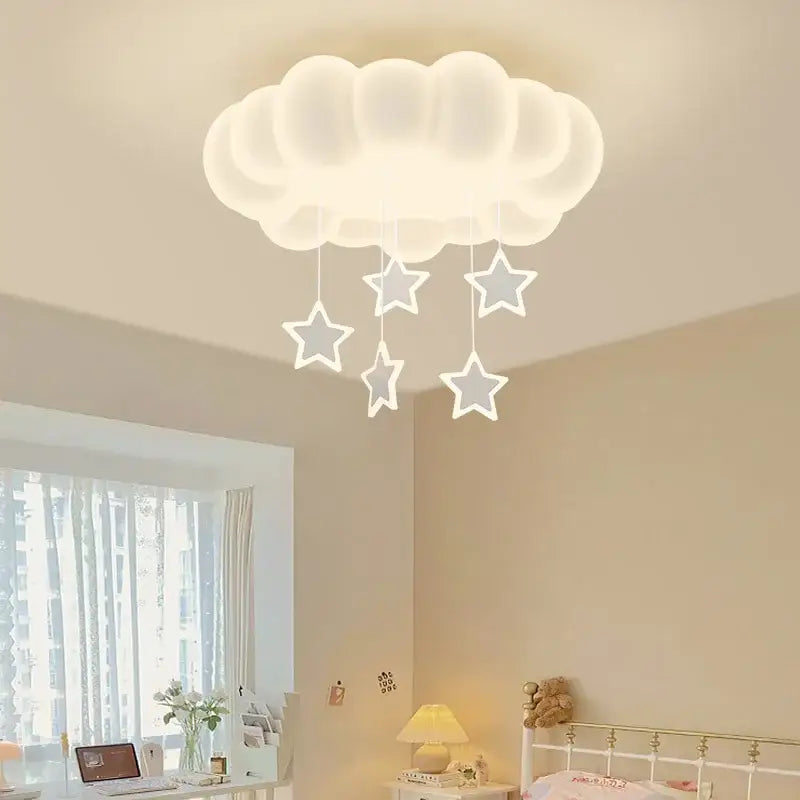 Cloud shaped off white pendant light with five glowing star ornaments decorbites dimming pendant chandelier light