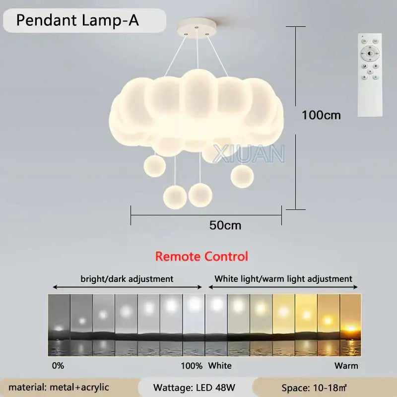 Cloud shaped off white pendant light with soft acrylic body metal hardware and spherical accents decorbites dimming pendant