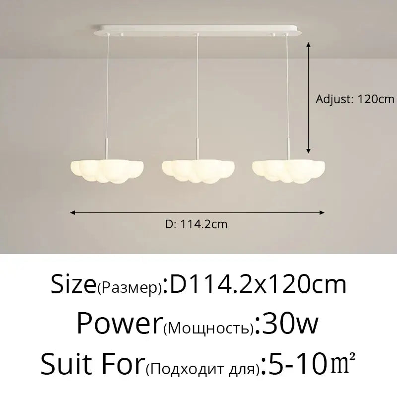 Cloud white modern chandelier with three diffused bulbs suspended from a sleek rectangular ceiling mount by decorbites