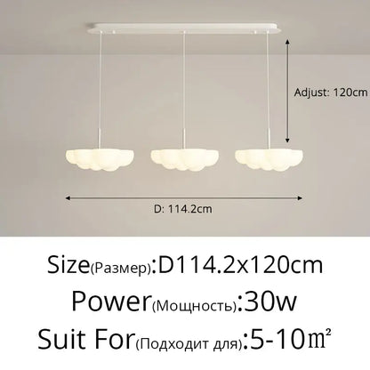 Cloud white modern chandelier with three diffused bulbs suspended from a sleek rectangular ceiling mount by decorbites