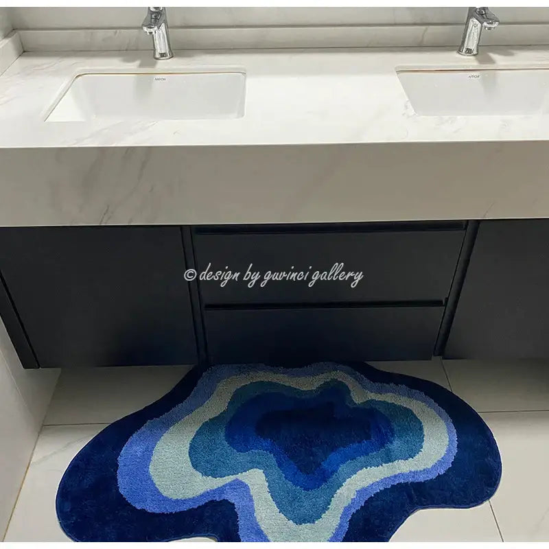 Blue gradient agate-shaped bath mat with plush texture in decorbites cloudy blues wavy retro bathroom decor