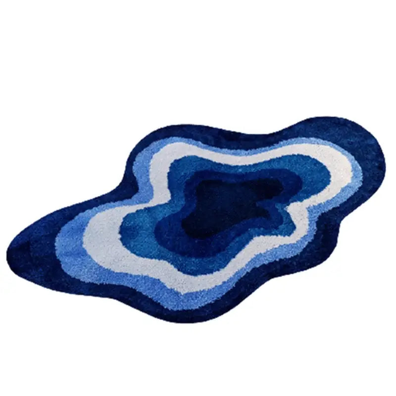 Blue agate-shaped bath rug with concentric navy medium blue light blue and white rings for decorbites cloudy blues wavy retro bathroom decor