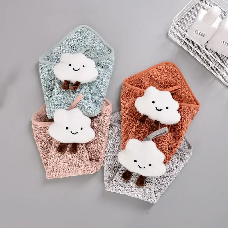 Soft plush pastel mint green peach gray hand towels with cloud charms from decorbites cloudy day hand towel set