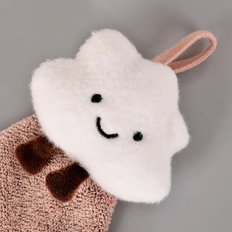 White fluffy cloud-shaped antibacterial hand towel with black embroidered face and pink loop from decorbites cloudy day set