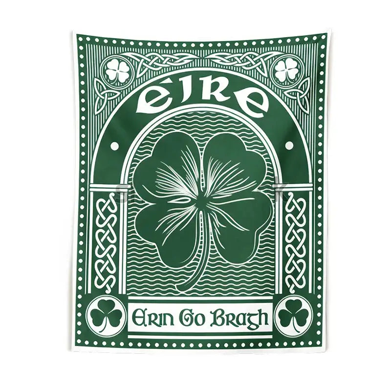 Deep green clover psychedelic gothic wall tapestry with white shamrock and celtic knotwork decorbites bedroom art