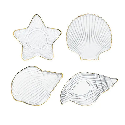 Coastal blue glass dish plate saucer set with clear glass star and seashell shapes with gold-trimmed edges