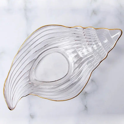 Clear glass seashell dish plate saucer with gold trim and ribbed texture from coastal blue snack set