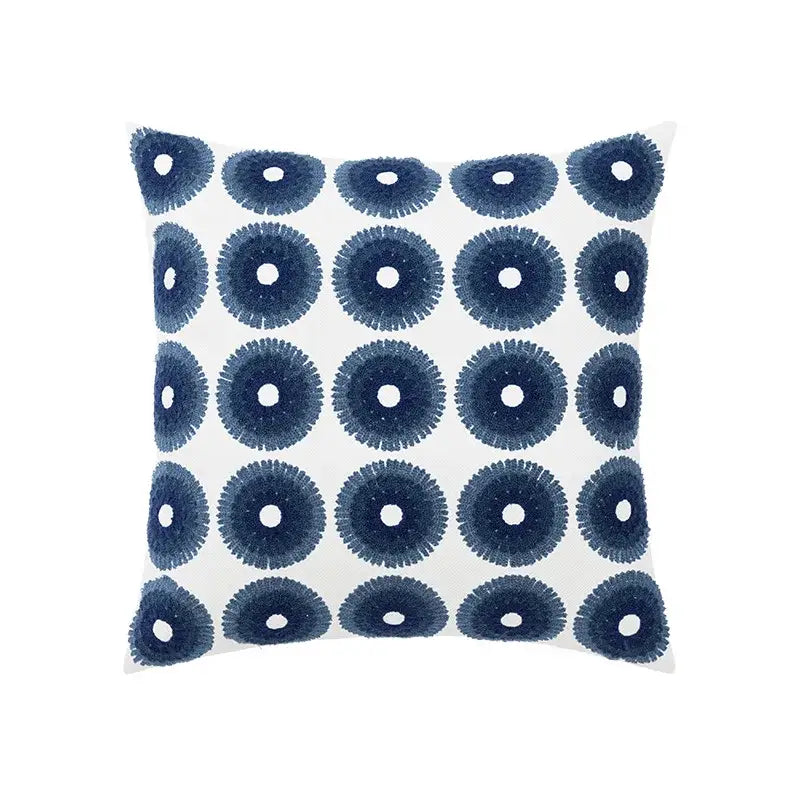White throw pillow with navy blue embroidered circular patterns coastal chic cushion cover for living room decorbites coastal chic