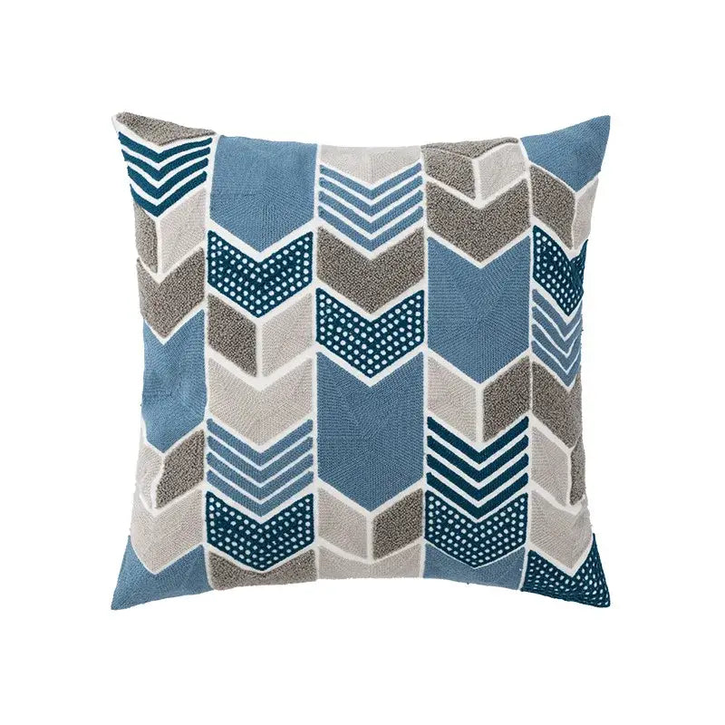 Square throw pillow cushion cover with coastal chic geometric chevron pattern in blue gray and white decorbites coastal chic