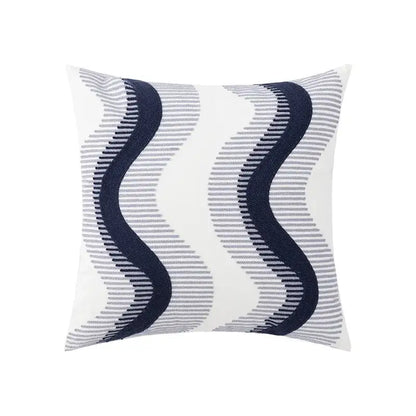 White throw pillow cushion cover with bold navy blue and gray wavy embroidery coastal chic decorbites style