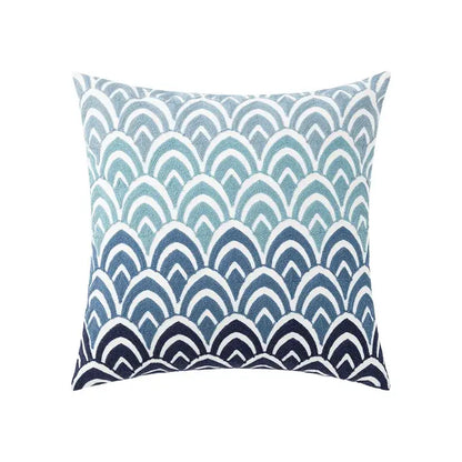 Square cushion cover with embroidered blue and white wave pattern for coastal chic decorbites coastal chic decor