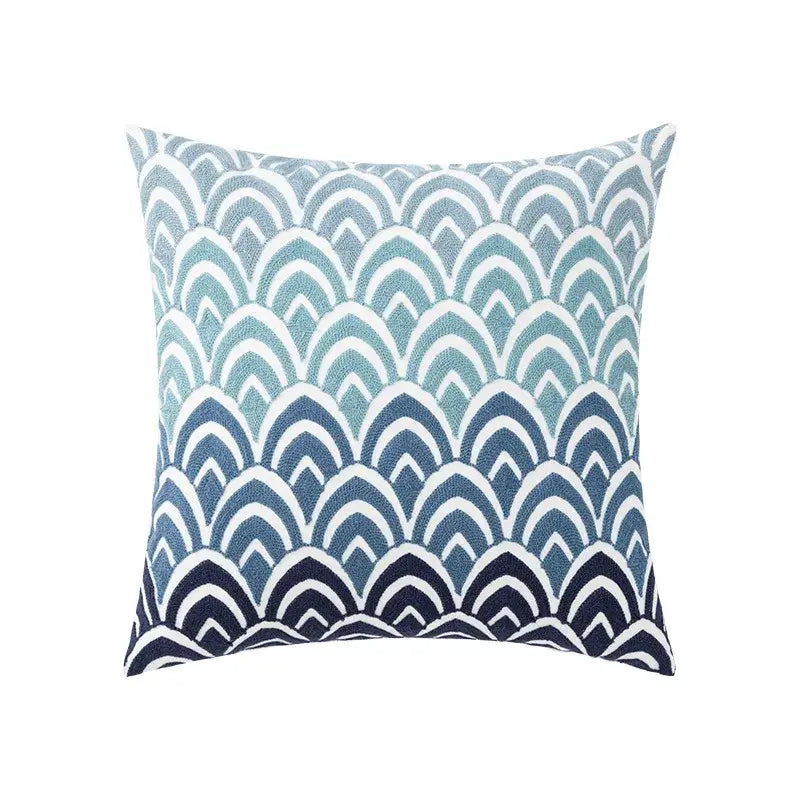 Square cushion cover with embroidered blue and white wave pattern for coastal chic decorbites coastal chic decor